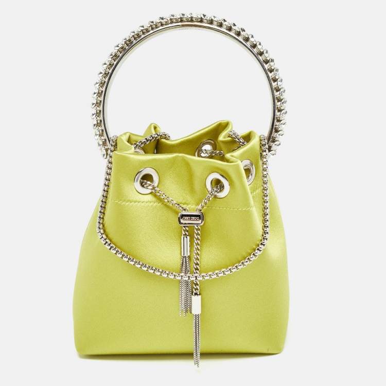 Pre Owned Jimmy Choo Green Satin Crystal Embellished Bon Bon Bucket Bag 