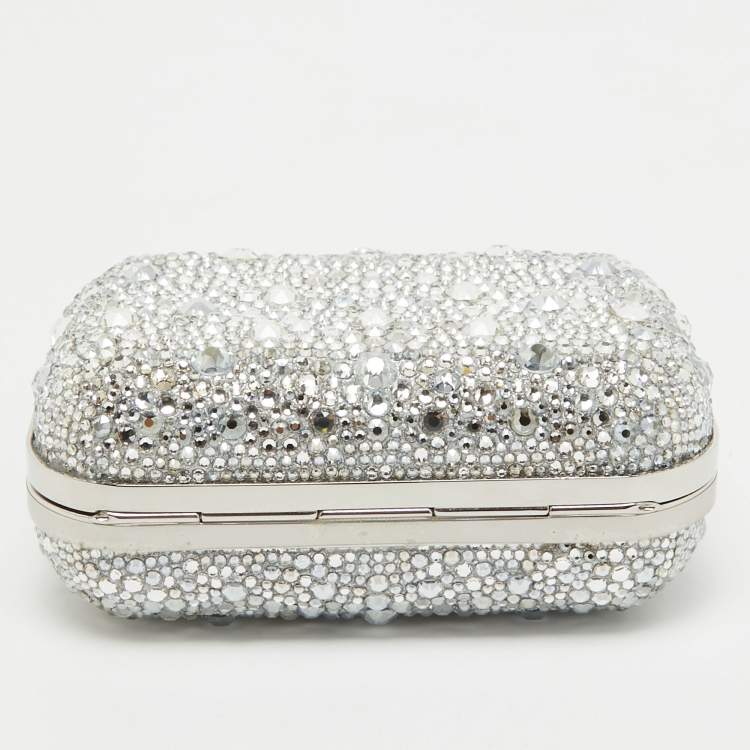 Pre Owned Jimmy Choo Silver Suede Crystals Embellished Micro Cloud Clutch