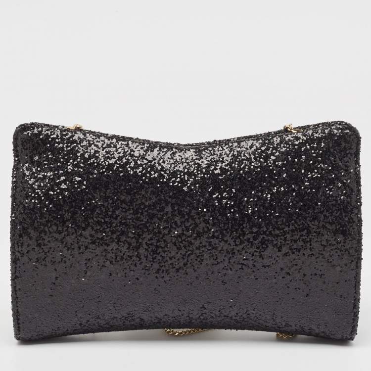 Pre Owned Jimmy Choo Black Glitter Venus Crystals Chain Clutch