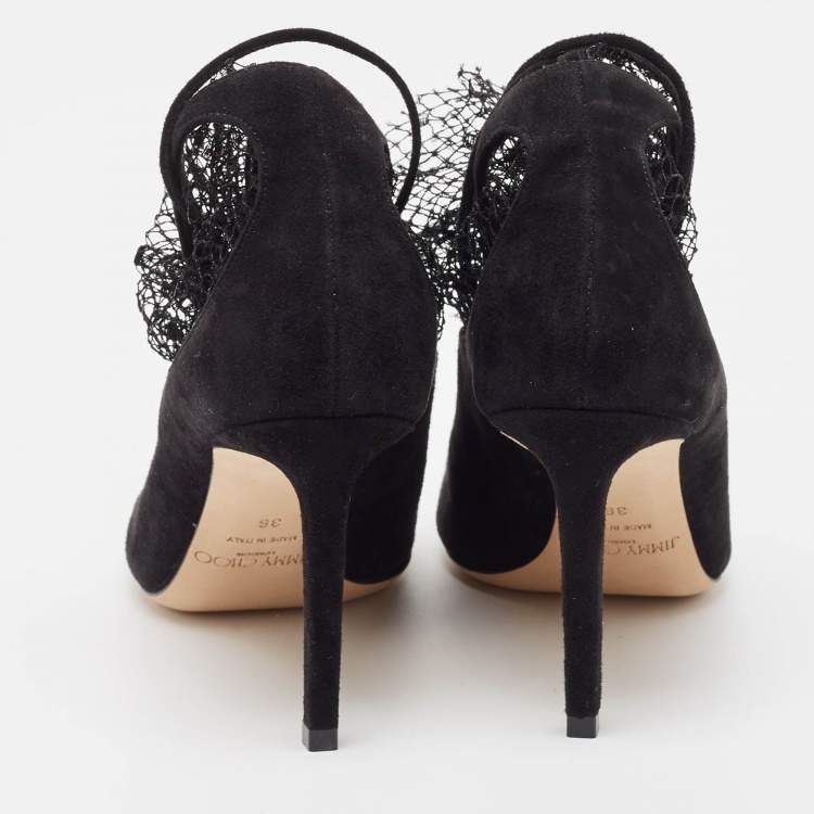 Pre Owned Jimmy Choo Black Suede and Mesh Leanne Pointed Toe Ankle Booties Size 36