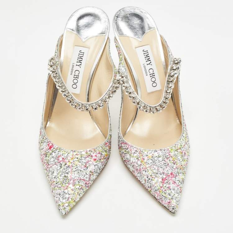 Pre Owned Jimmy Choo Silver Coarse Glitter Bing Mules Size 39.5