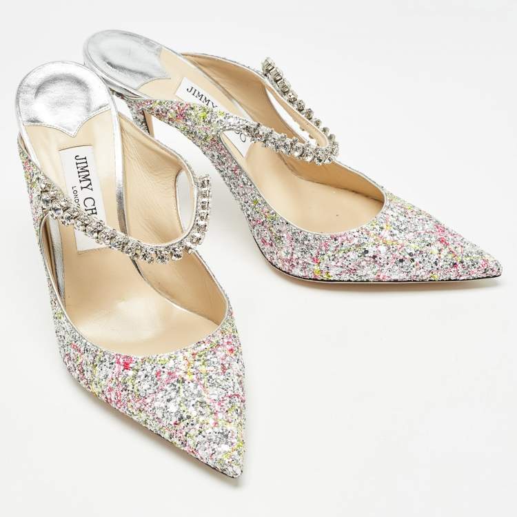 Pre Owned Jimmy Choo Silver Coarse Glitter Bing Mules Size 39.5