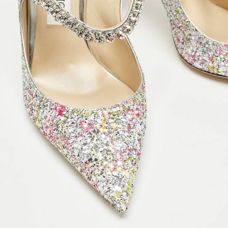 Pre Owned Jimmy Choo Silver Coarse Glitter Bing Mules Size 39.5