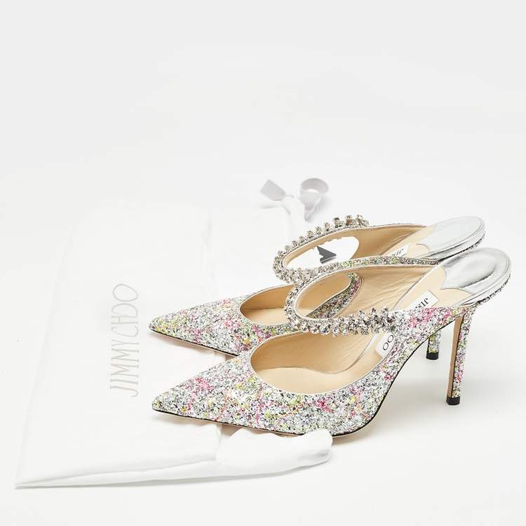 Pre Owned Jimmy Choo Silver Coarse Glitter Bing Mules Size 39.5