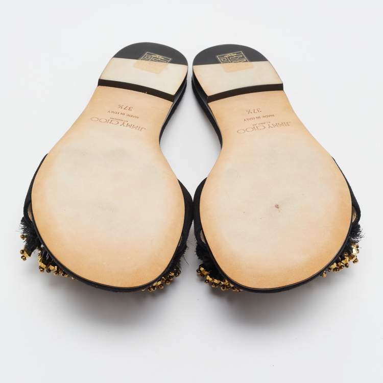 Pre Owned Jimmy Choo Black Suede Embellished Waida Flat Slides Size 37.5