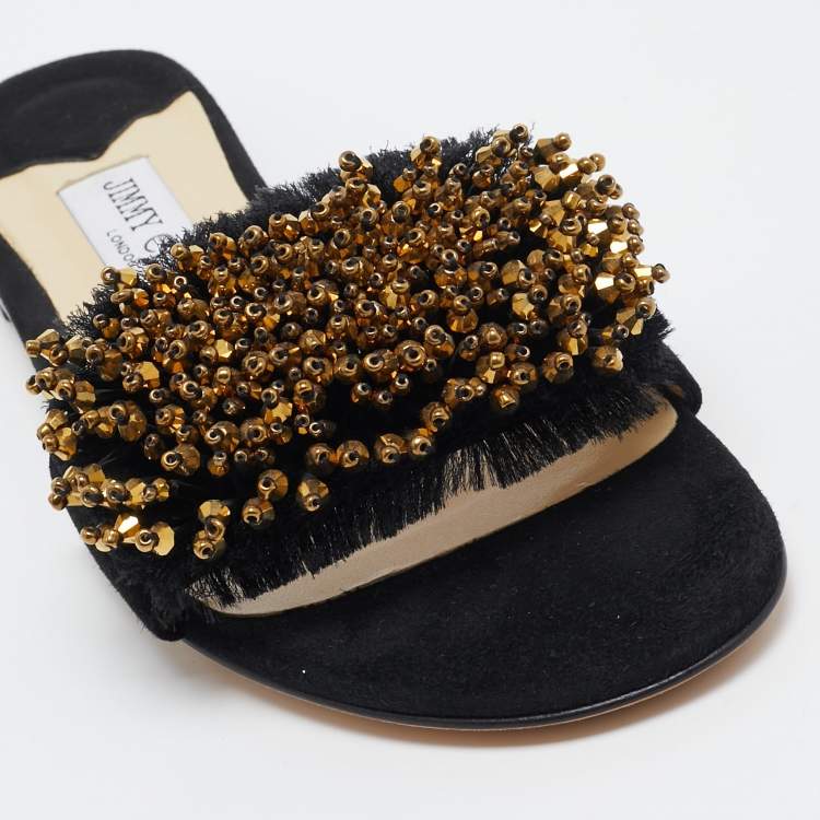 Pre Owned Jimmy Choo Black Suede Embellished Waida Flat Slides Size 37.5