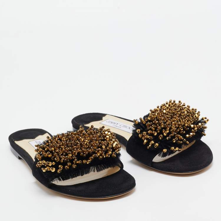 Pre Owned Jimmy Choo Black Suede Embellished Waida Flat Slides Size 37.5