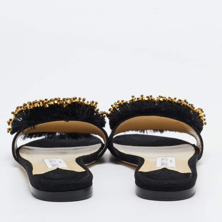 Pre Owned Jimmy Choo Black Suede Embellished Waida Flat Slides Size 37.5