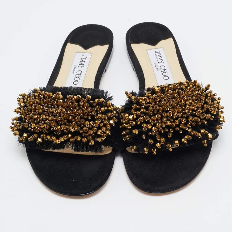 Pre Owned Jimmy Choo Black Suede Embellished Waida Flat Slides Size 37.5