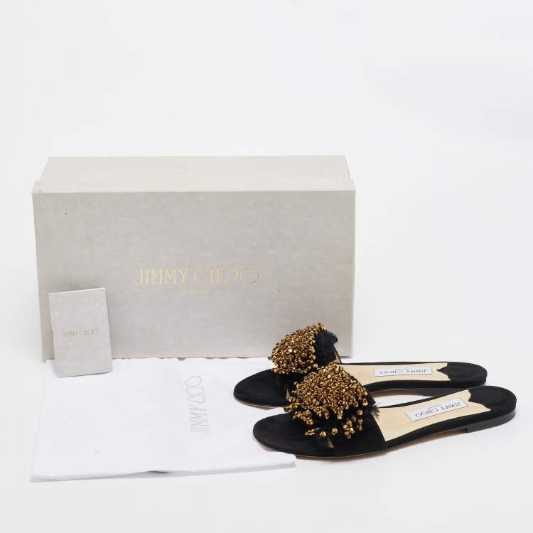 Pre Owned Jimmy Choo Black Suede Embellished Waida Flat Slides Size 37.5