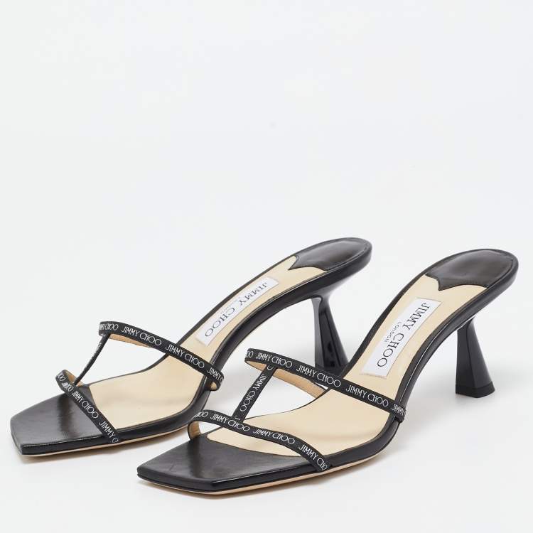Pre Owned Jimmy Choo Black Logo Print Fabric Ria Sandals Size 37.5