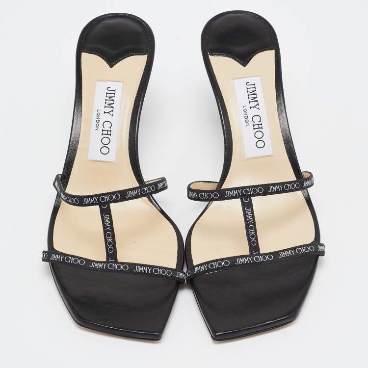 Pre Owned Jimmy Choo Black Logo Print Fabric Ria Sandals Size 37.5