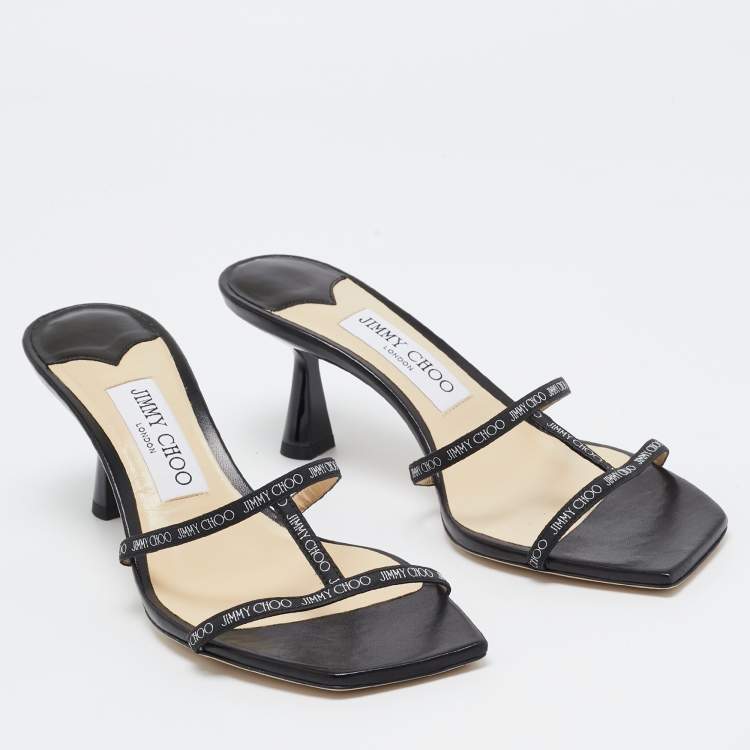 Pre Owned Jimmy Choo Black Logo Print Fabric Ria Sandals Size 37.5