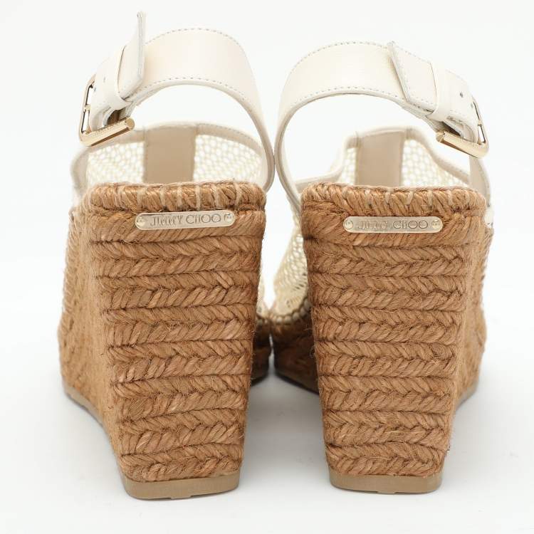 Pre Owned Jimmy Choo Off White Mesh and Leather Dakori Wedge Espadrille Sandals Size 39