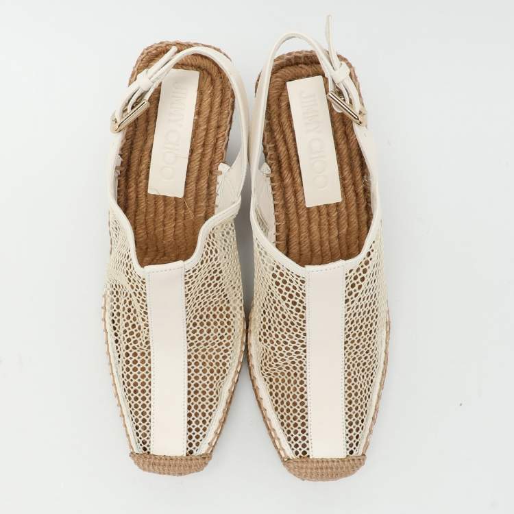 Pre Owned Jimmy Choo Off White Mesh and Leather Dakori Wedge Espadrille Sandals Size 39