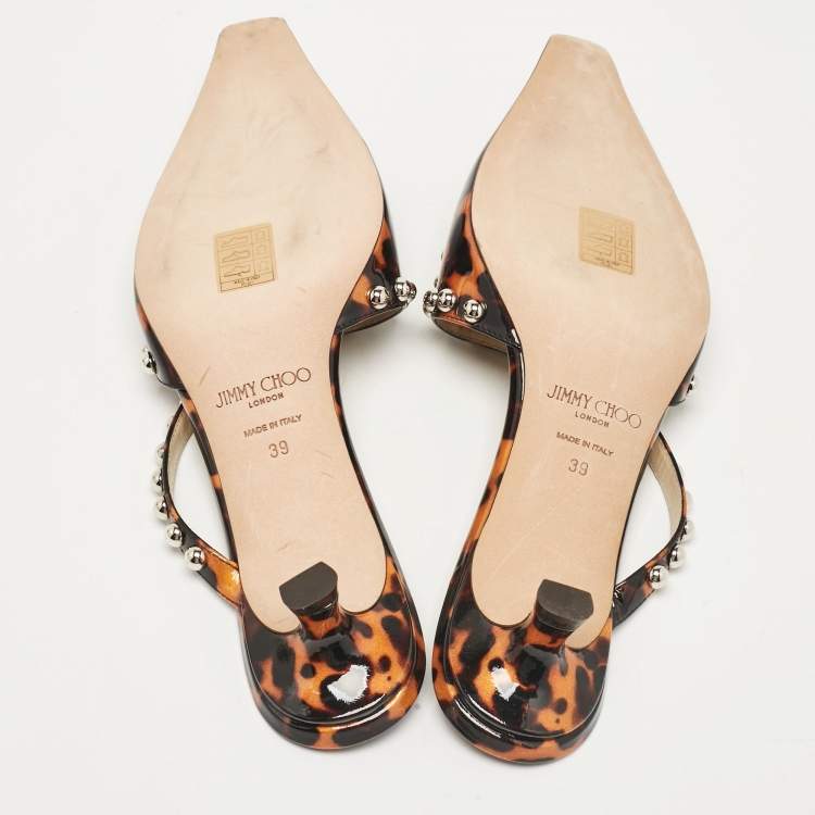 Pre Owned Jimmy Choo Black/Brown Animal Print Patent Leather Ros Mules Size 39