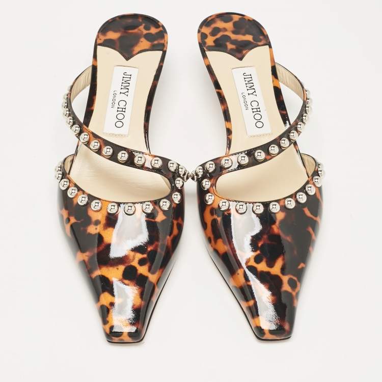 Pre Owned Jimmy Choo Black/Brown Animal Print Patent Leather Ros Mules Size 39