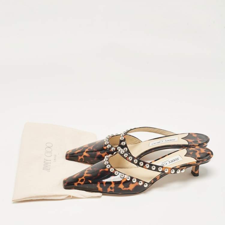 Pre Owned Jimmy Choo Black/Brown Animal Print Patent Leather Ros Mules Size 39