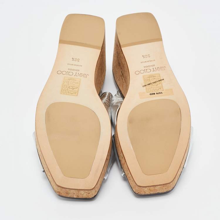 Pre Owned Jimmy Choo Silver Leather Nevara Wedge Sandals Size 36.5