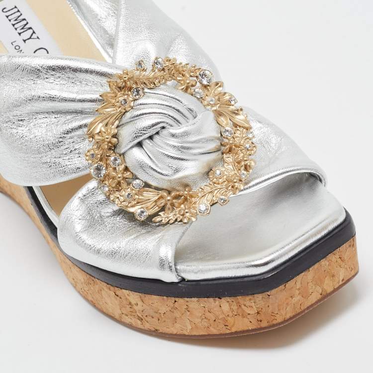 Pre Owned Jimmy Choo Silver Leather Nevara Wedge Sandals Size 36.5