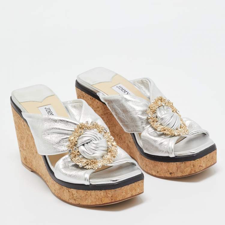 Pre Owned Jimmy Choo Silver Leather Nevara Wedge Sandals Size 36.5