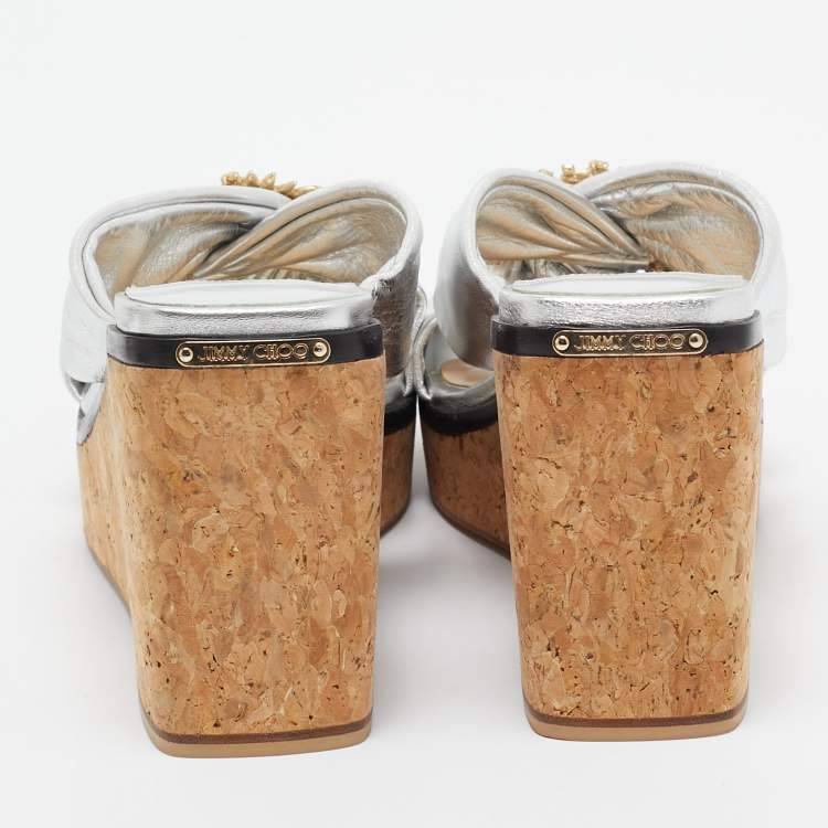 Pre Owned Jimmy Choo Silver Leather Nevara Wedge Sandals Size 36.5