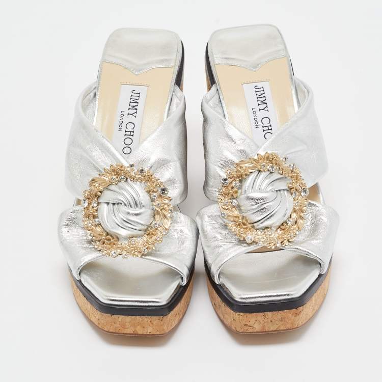 Pre Owned Jimmy Choo Silver Leather Nevara Wedge Sandals Size 36.5