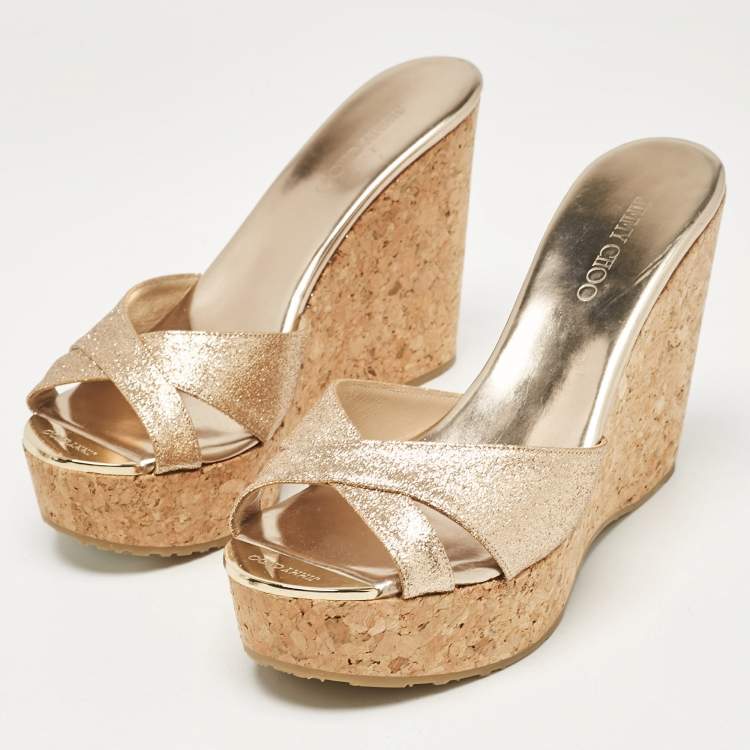Pre Owned Jimmy Choo Gold Glitter Perfume Cork Wedge Sandals Size 36