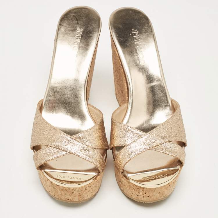 Pre Owned Jimmy Choo Gold Glitter Perfume Cork Wedge Sandals Size 36