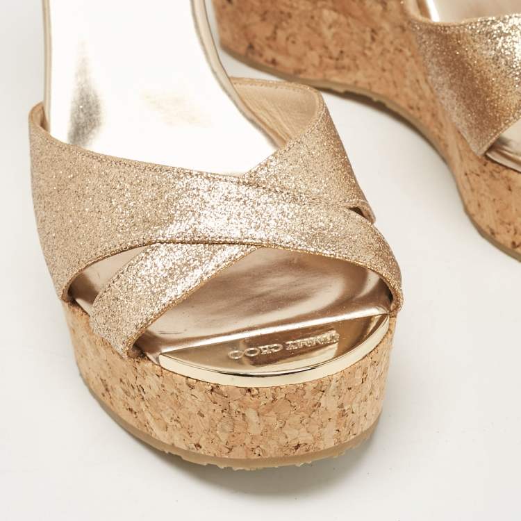 Pre Owned Jimmy Choo Gold Glitter Perfume Cork Wedge Sandals Size 36