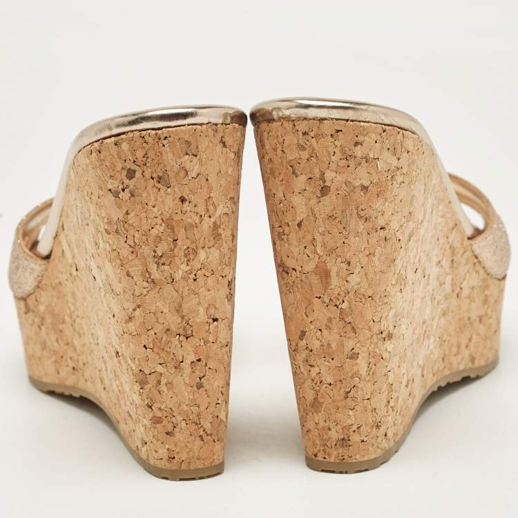 Pre Owned Jimmy Choo Gold Glitter Perfume Cork Wedge Sandals Size 36
