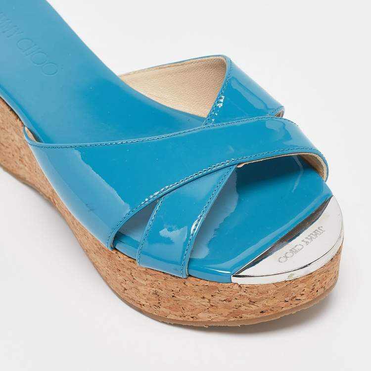 Pre Owned Jimmy Choo Blue Patent Leather Prima Slide Sandals Size 38.5