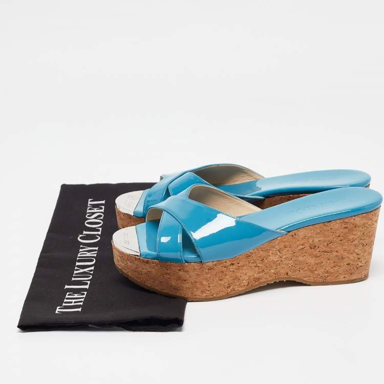 Pre Owned Jimmy Choo Blue Patent Leather Prima Slide Sandals Size 38.5