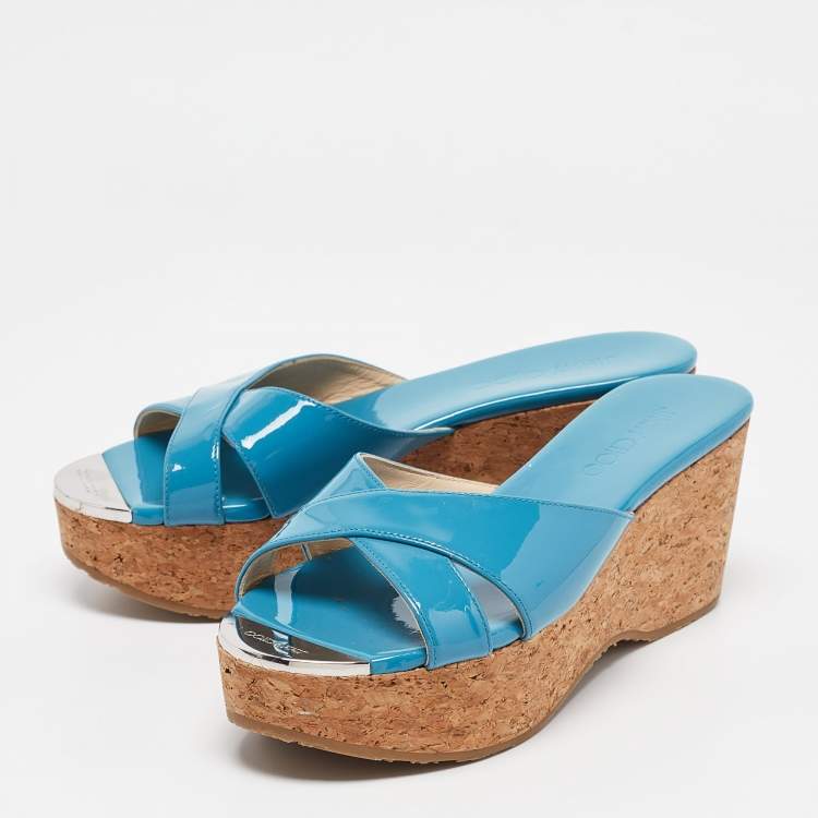Pre Owned Jimmy Choo Blue Patent Leather Prima Slide Sandals Size 38.5
