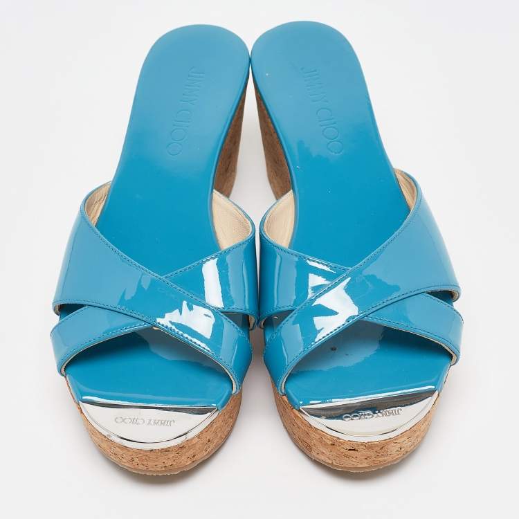 Pre Owned Jimmy Choo Blue Patent Leather Prima Slide Sandals Size 38.5
