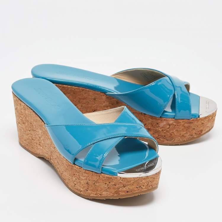 Pre Owned Jimmy Choo Blue Patent Leather Prima Slide Sandals Size 38.5
