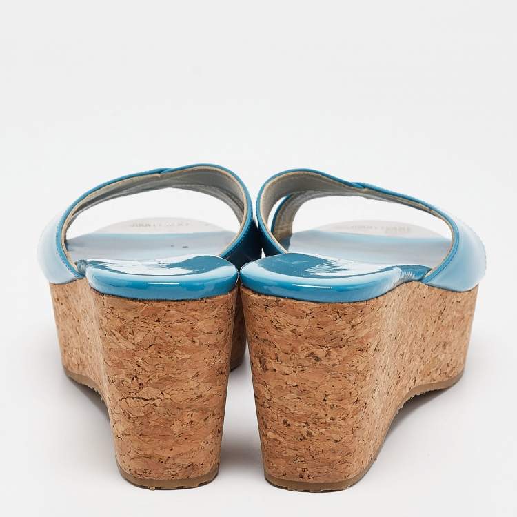 Pre Owned Jimmy Choo Blue Patent Leather Prima Slide Sandals Size 38.5