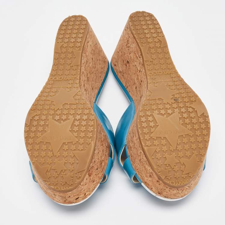 Pre Owned Jimmy Choo Blue Patent Leather Prima Slide Sandals Size 38.5