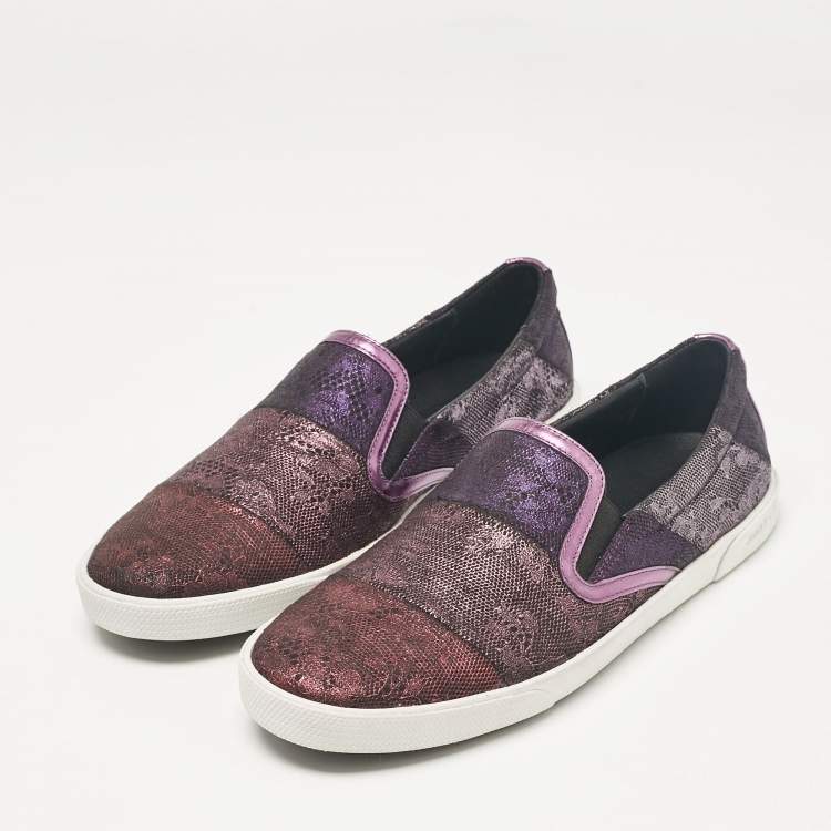 Pre Owned Jimmy Choo Purple/Black Lace and Leather Demi Slip On Sneakers Size 40