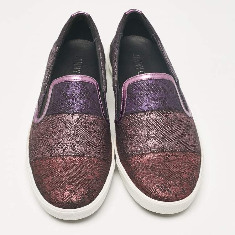 Pre Owned Jimmy Choo Purple/Black Lace and Leather Demi Slip On Sneakers Size 40