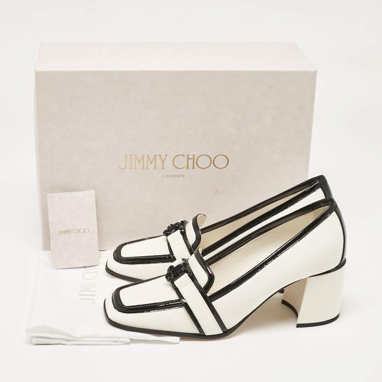 Pre Owned Jimmy Choo White/Black Canvas and Patent Leather Evin Pumps Size 38