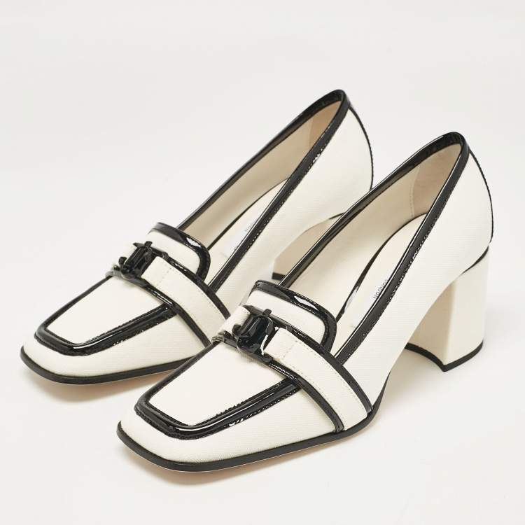Pre Owned Jimmy Choo White/Black Canvas and Patent Leather Evin Pumps Size 38