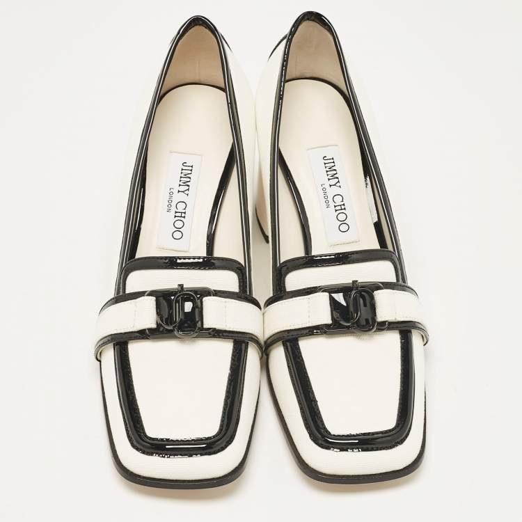Pre Owned Jimmy Choo White/Black Canvas and Patent Leather Evin Pumps Size 38