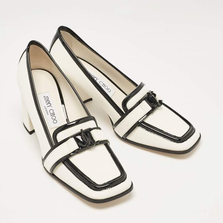 Pre Owned Jimmy Choo White/Black Canvas and Patent Leather Evin Pumps Size 38