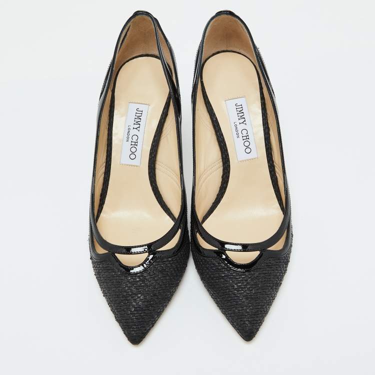 Pre Owned Jimmy Choo Black Woven Fabric and Patent Leather Hickory Pumps Size 40