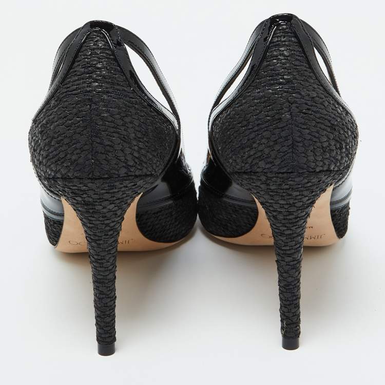 Pre Owned Jimmy Choo Black Woven Fabric and Patent Leather Hickory Pumps Size 40