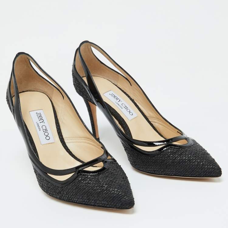 Pre Owned Jimmy Choo Black Woven Fabric and Patent Leather Hickory Pumps Size 40