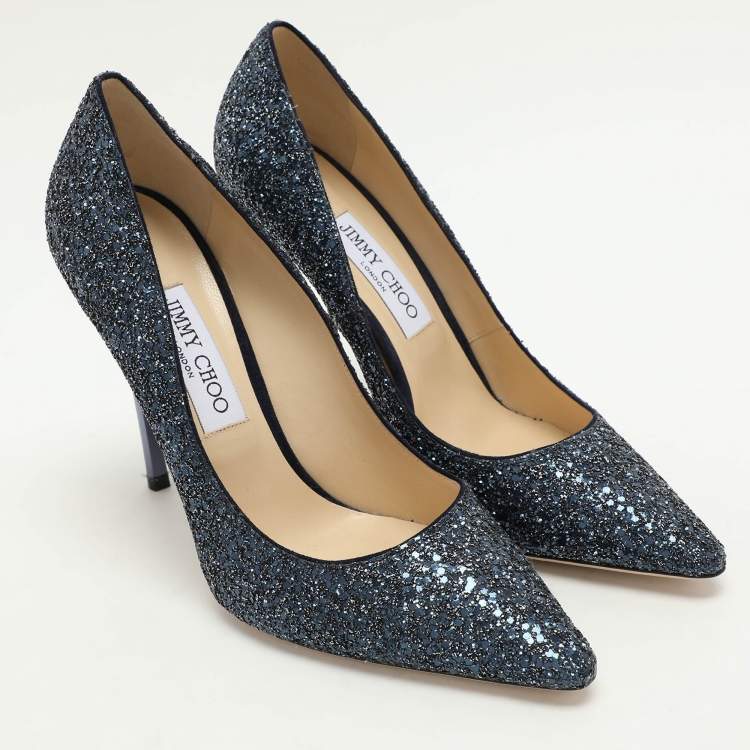 Pre Owned Jimmy Choo Blue Glitter Romy Pumps Size 39.5