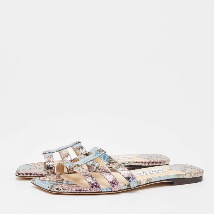 Pre Owned Jimmy Choo Multicolor Snakeskin Embossed Leather Flat Slides Size 40