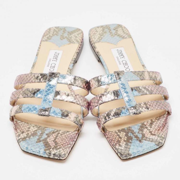 Pre Owned Jimmy Choo Multicolor Snakeskin Embossed Leather Flat Slides Size 40